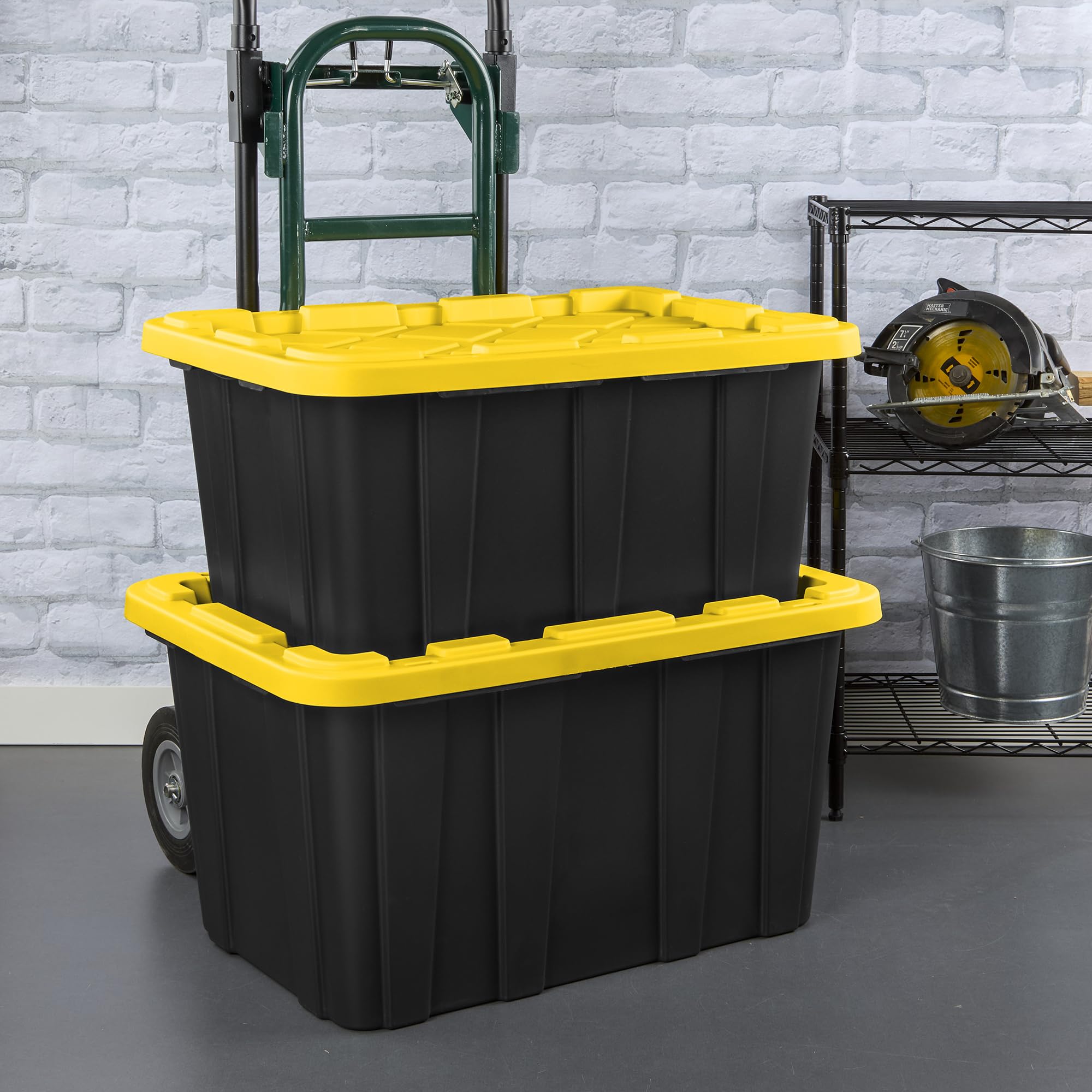 Sterilite 17 Gal Industrial Tote stackable design saves space.
