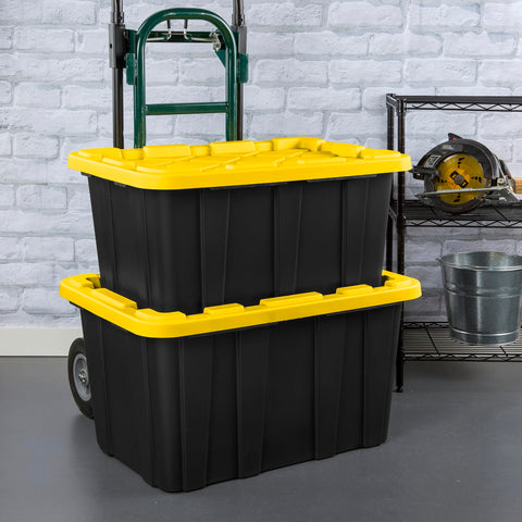 Sterilite 17 Gal Industrial Tote stackable design saves space.