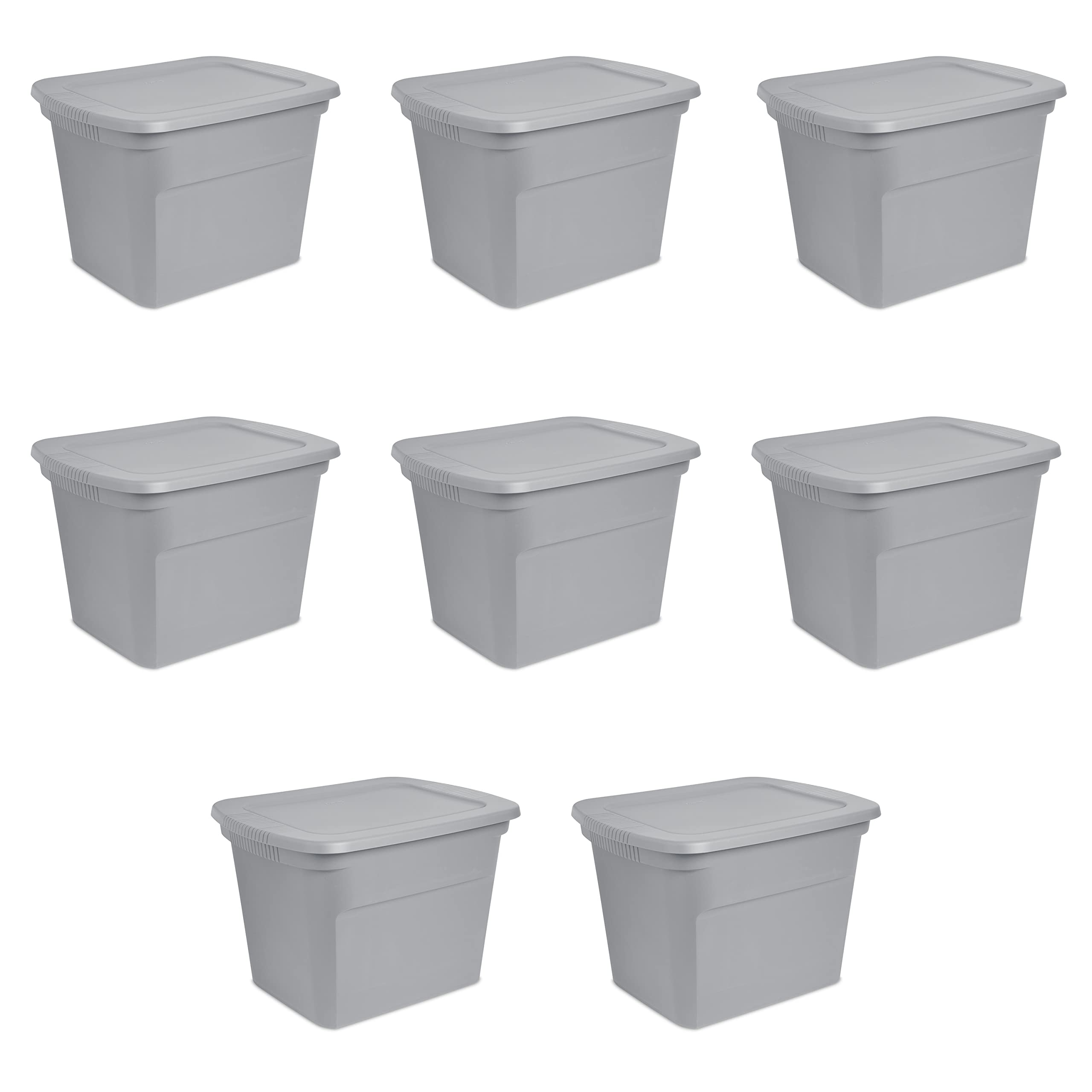 Sterilite 18-gallon tote with lid stores clothes securely for organized storage.