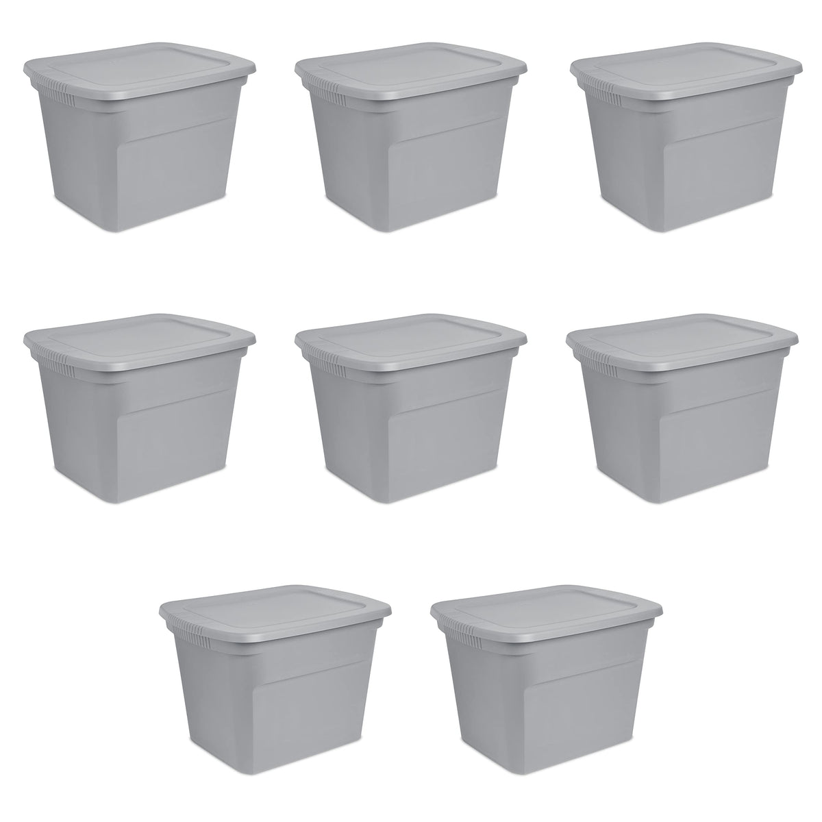 Sterilite 18-gallon tote with lid stores clothes securely for organized storage.