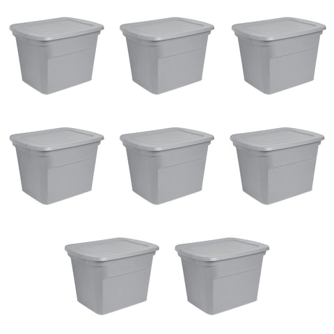 Sterilite 18-gallon tote with lid stores clothes securely for organized storage.