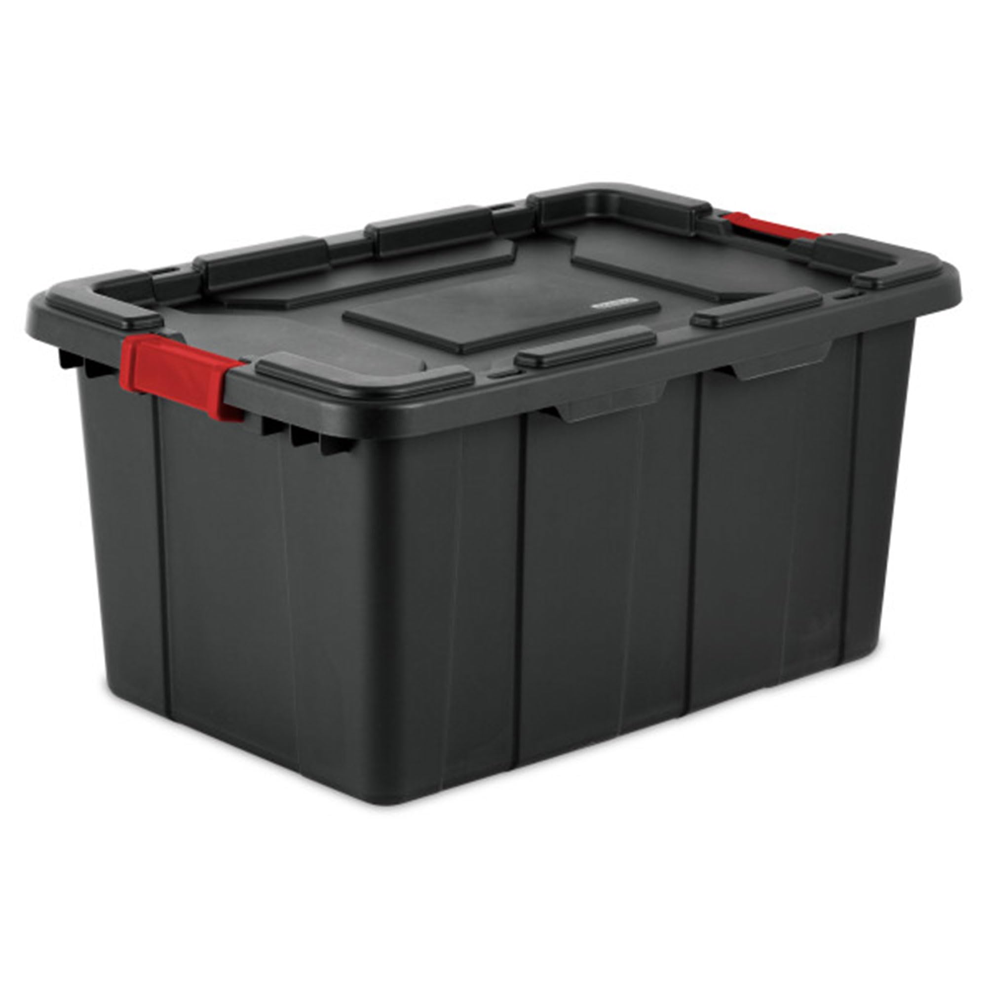 Sterilite 4-pack industrial tote with 27-gallon capacity and lid for organized storage.