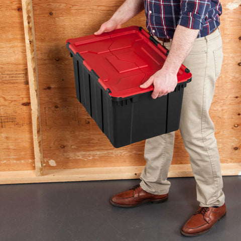 Sterilite tote with lid closure for secure transport and stacking