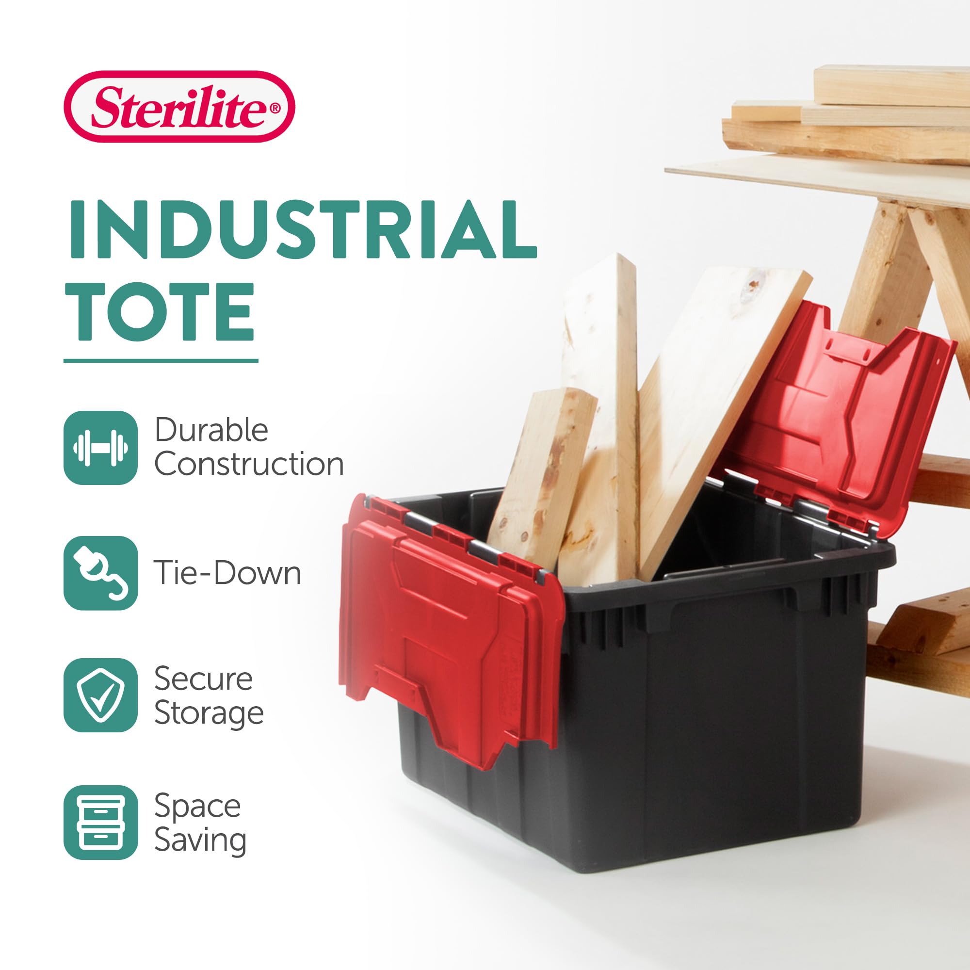 Sterilite tote with stackable design to save space in a garage