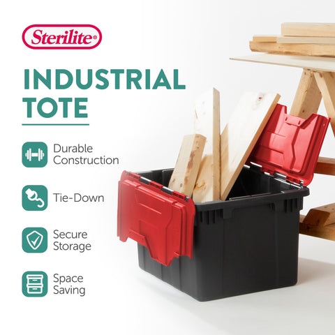 Sterilite tote with stackable design to save space in a garage