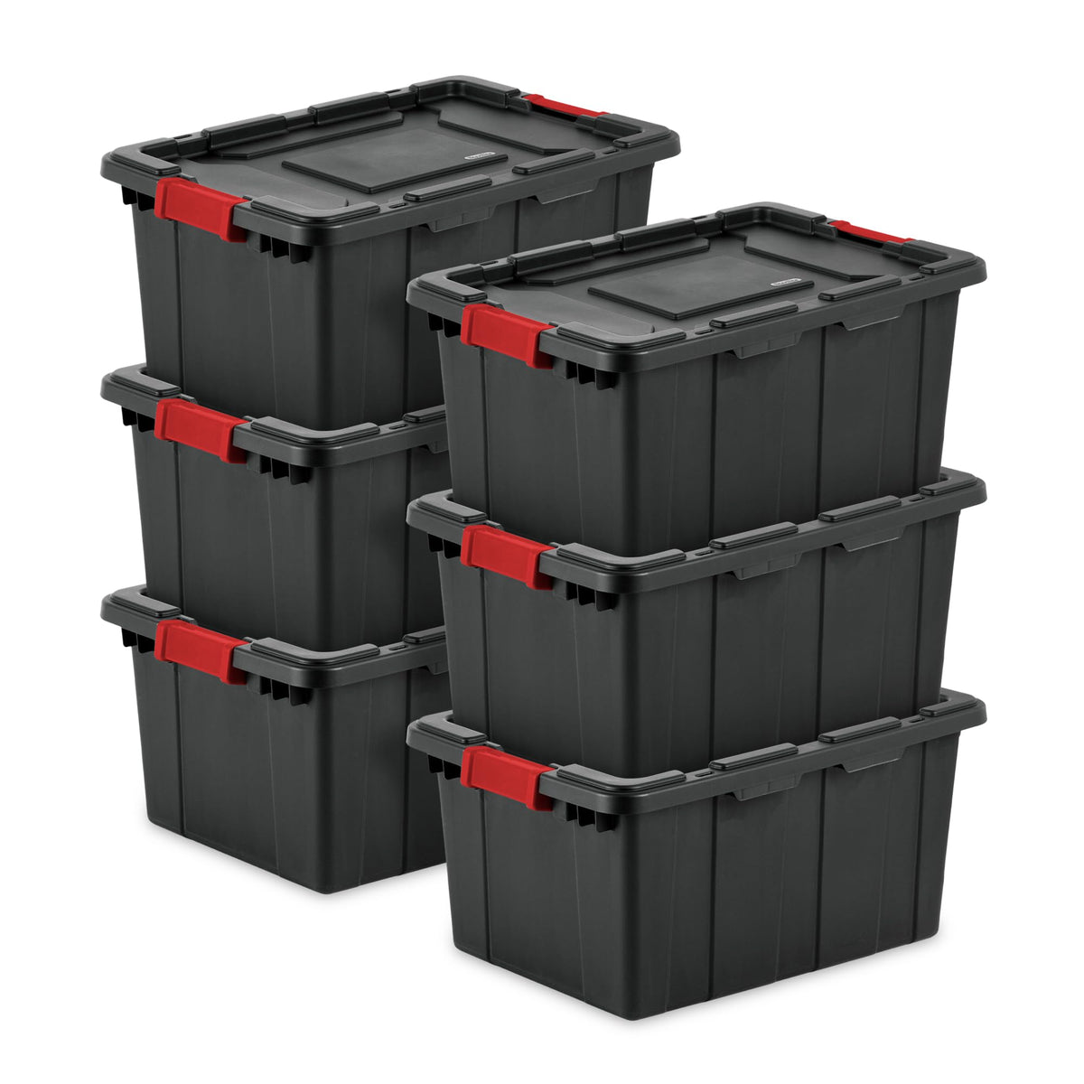 Sterilite 6-pack industrial tote with lid on showing secure moisture-protected storage