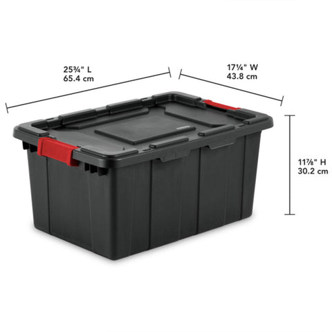 Side view of Sterilite tote demonstrating rugged construction and secure latches