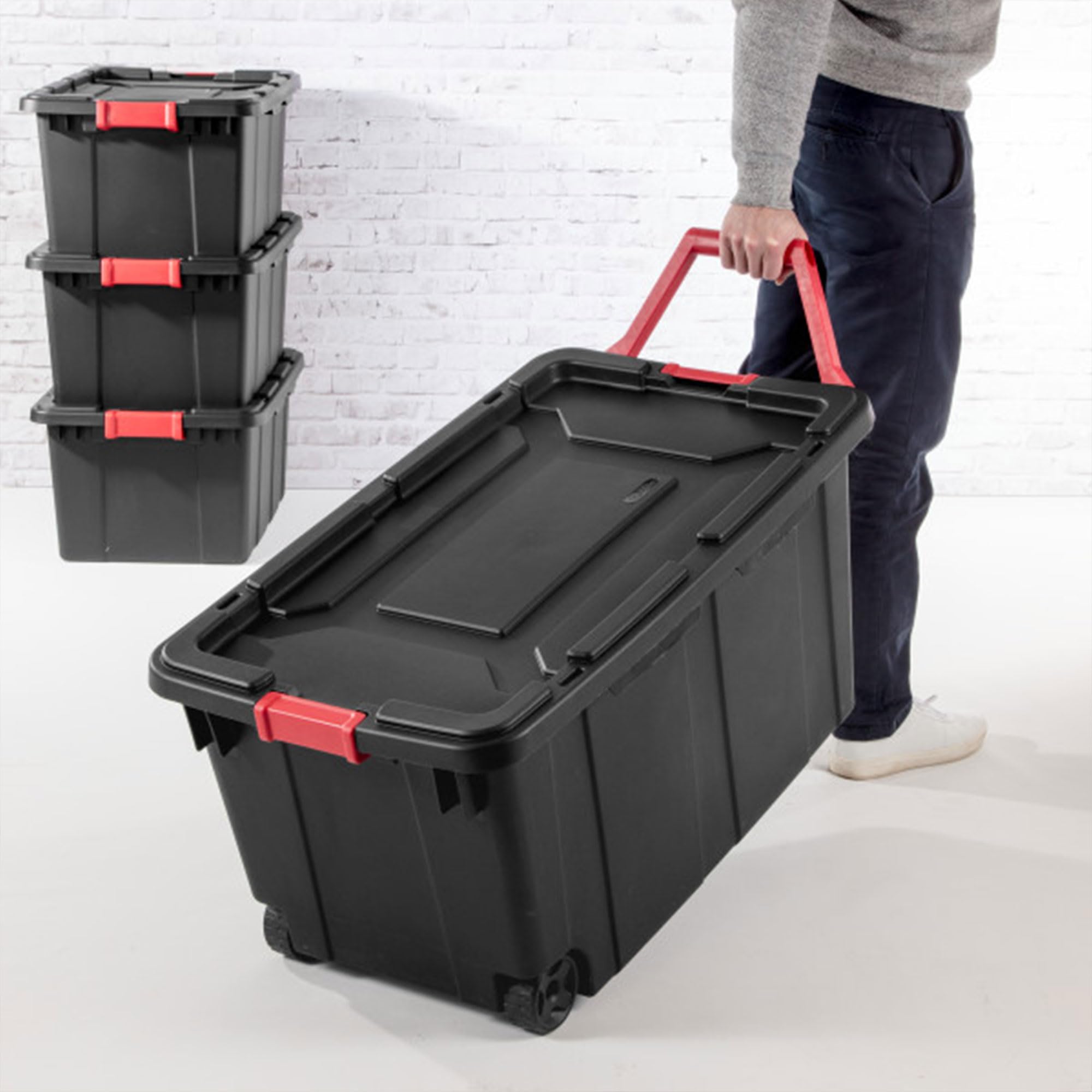 Stacked Sterilite totes illustrating space efficiency with recessed lids