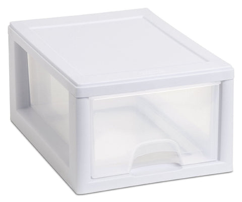 Sterilite white frame with clear drawers highlighting visible contents
