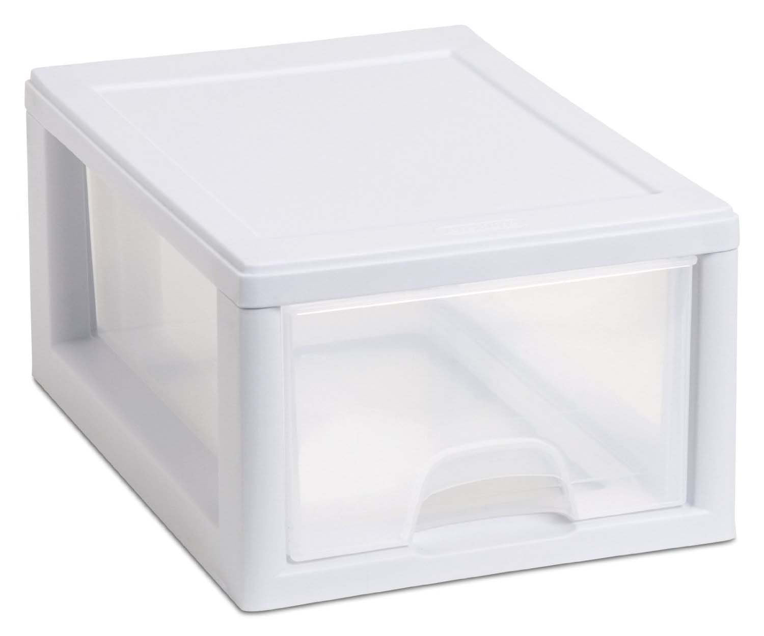 Sterilite 6-Qt stacked drawers front view showing secure linking tabs for modular storage