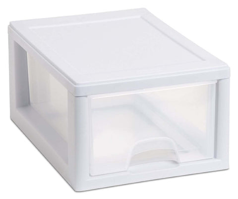 Sterilite 6-Qt stacked drawers front view showing secure linking tabs for modular storage