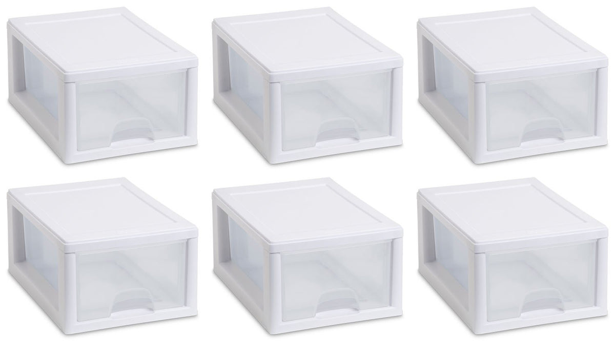 Sterilite 6-Quart stacking drawer set with white frame and clear front for easy visibility