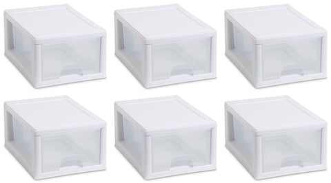 Sterilite 6-Quart stacking drawer set with white frame and clear front for easy visibility