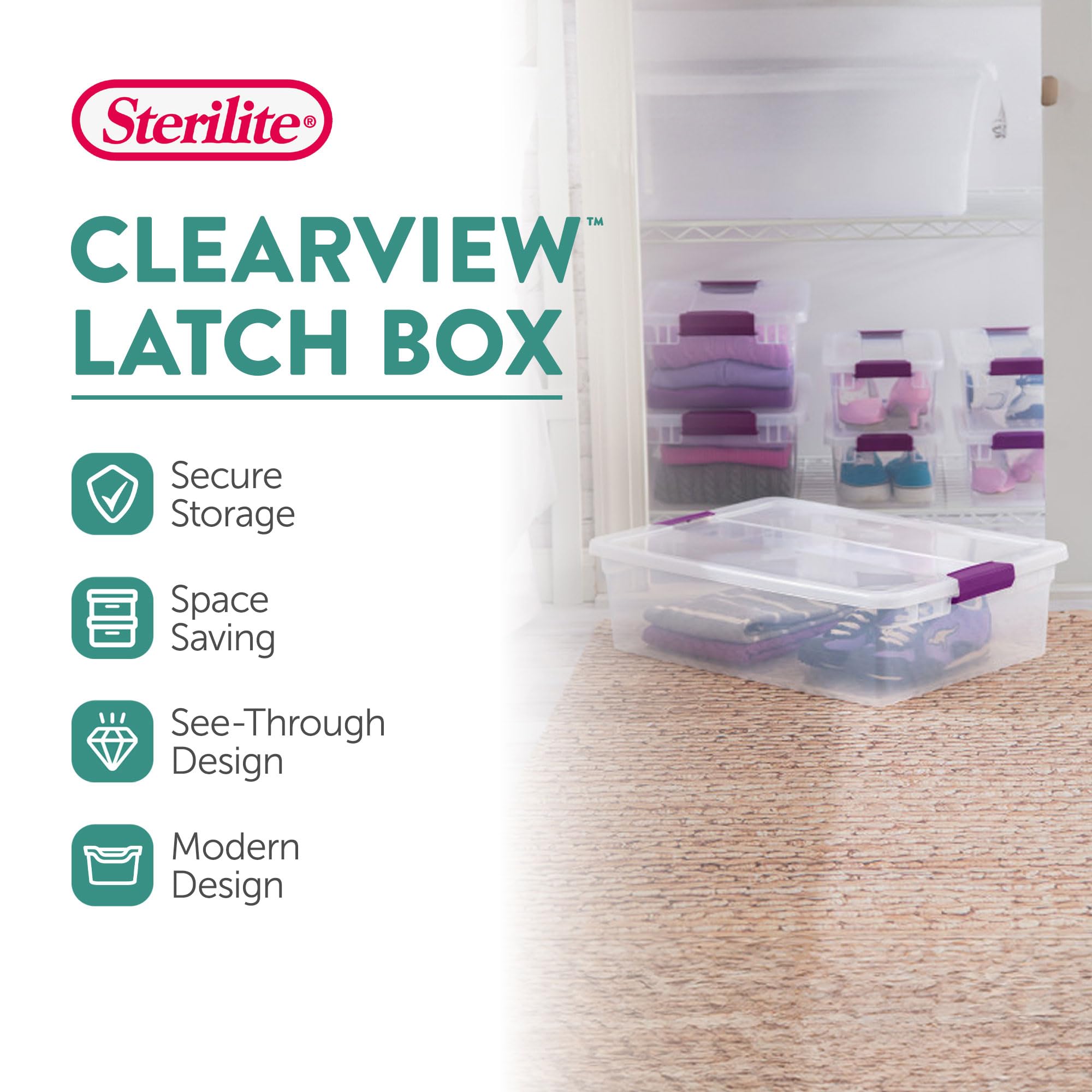 Sterilite clear base and lid visible for easy organization and checks.