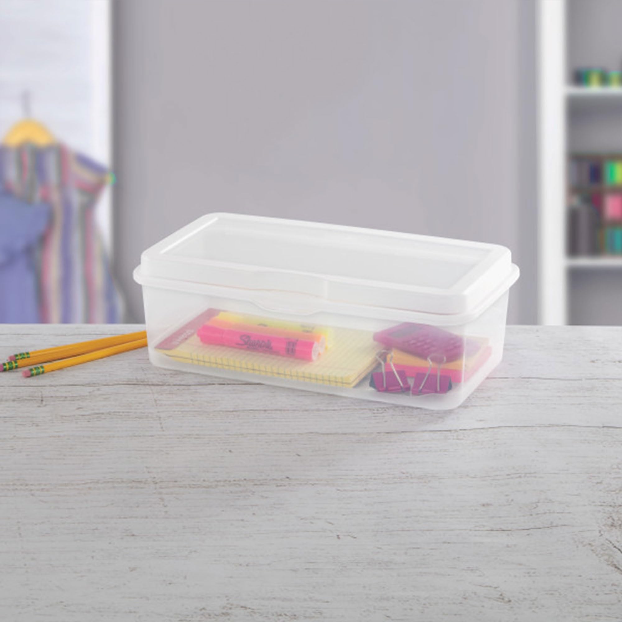 Sterilite clear plastic storage for crafts and supplies.