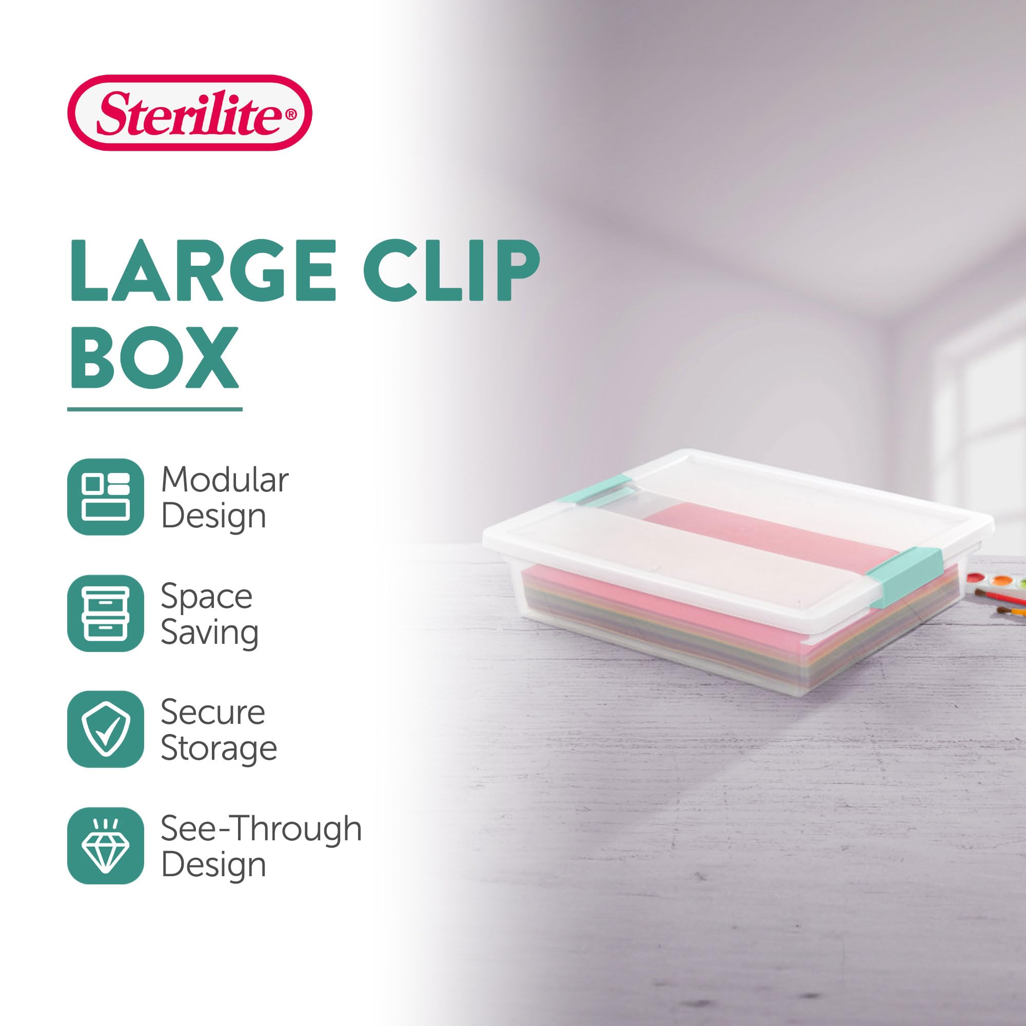 Sterilite clip box stackable clear base for quick content identification.