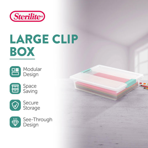 Sterilite clip box stackable clear base for quick content identification.