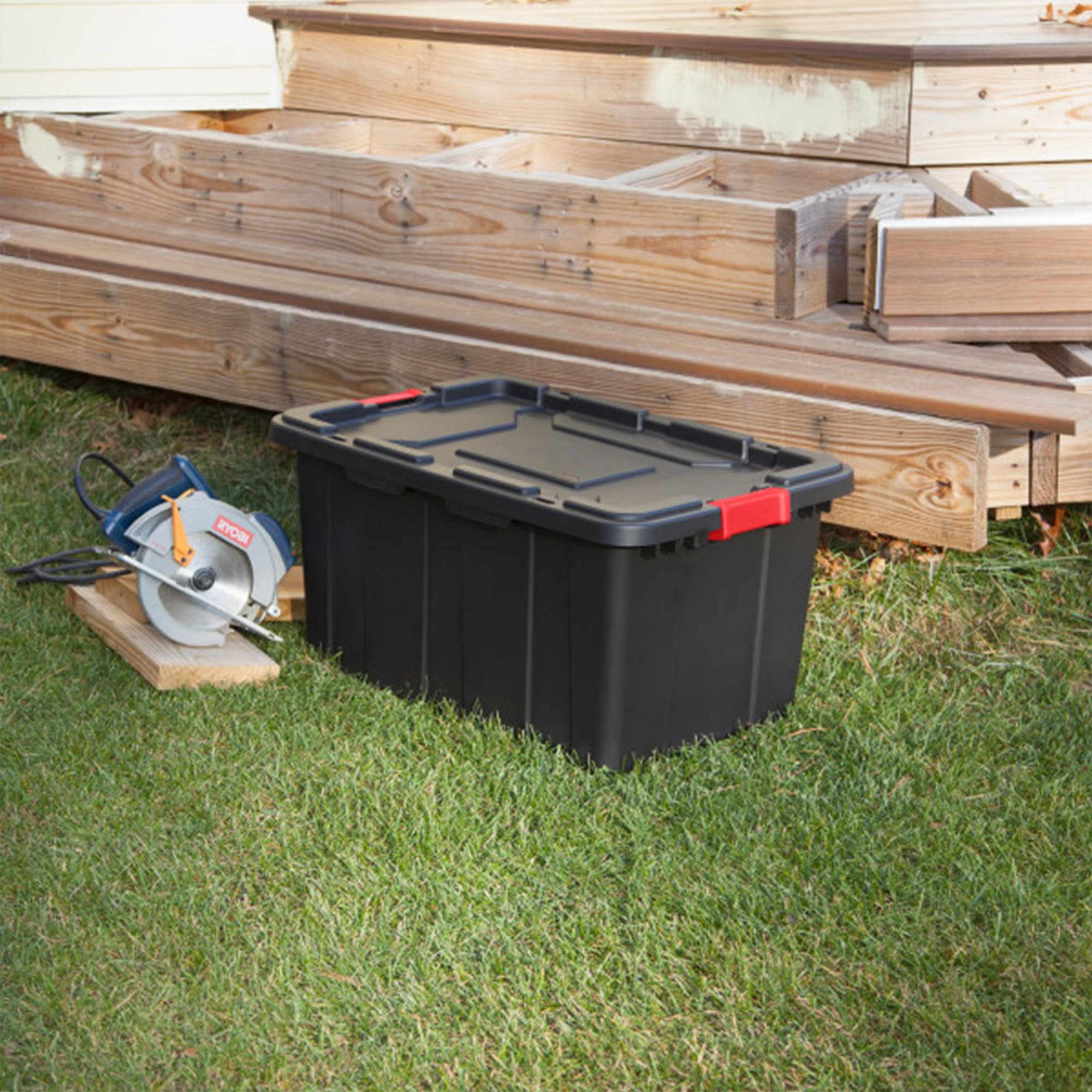 Sterilite deep recessed lids enable secure stacking to save space.