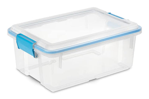 Sterilite gasket box clear base helps identify contents without opening.