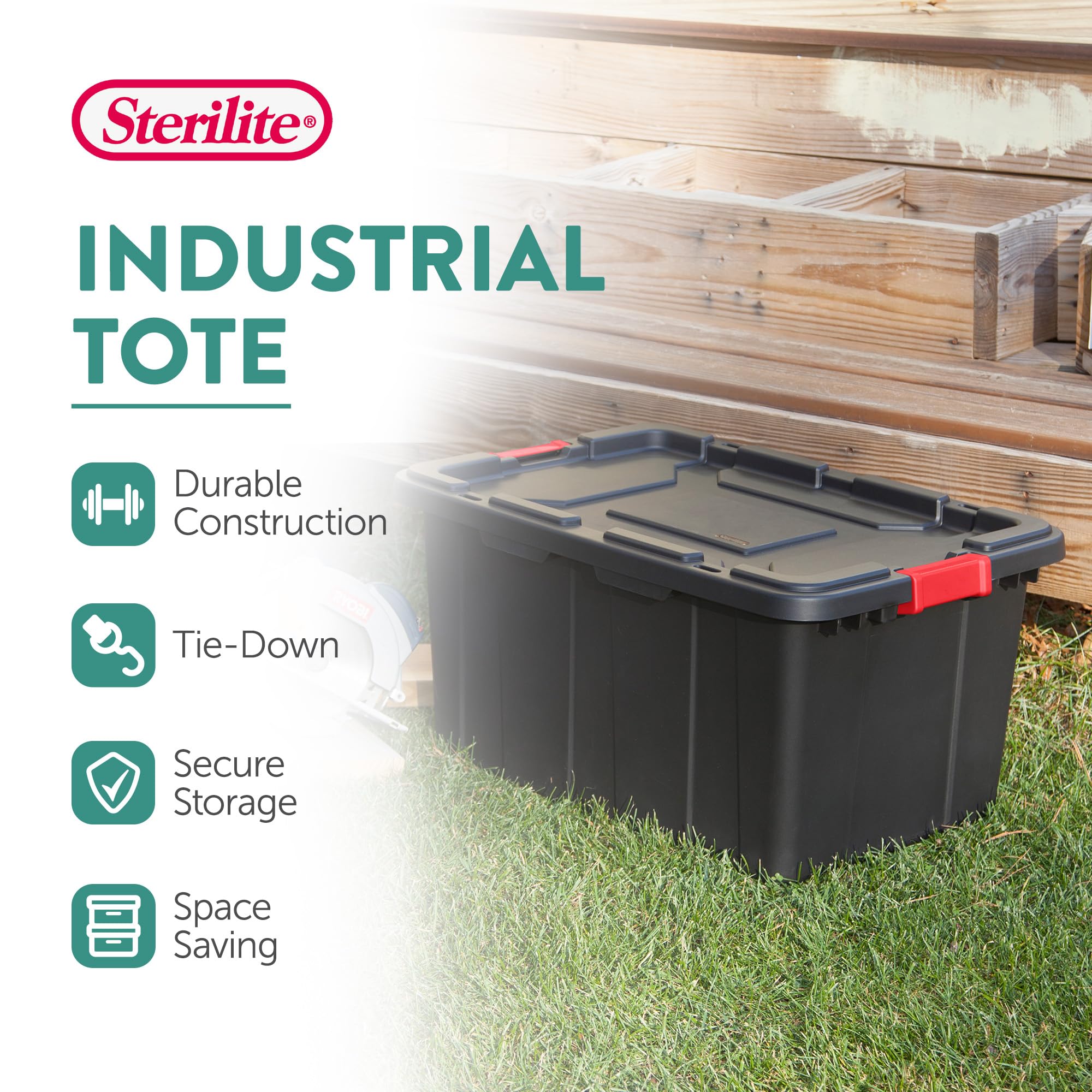 Sterilite heavy-duty storage bin in black for rugged, lasting organization.
