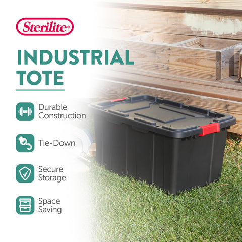 Sterilite heavy-duty storage bin in black for rugged, lasting organization.