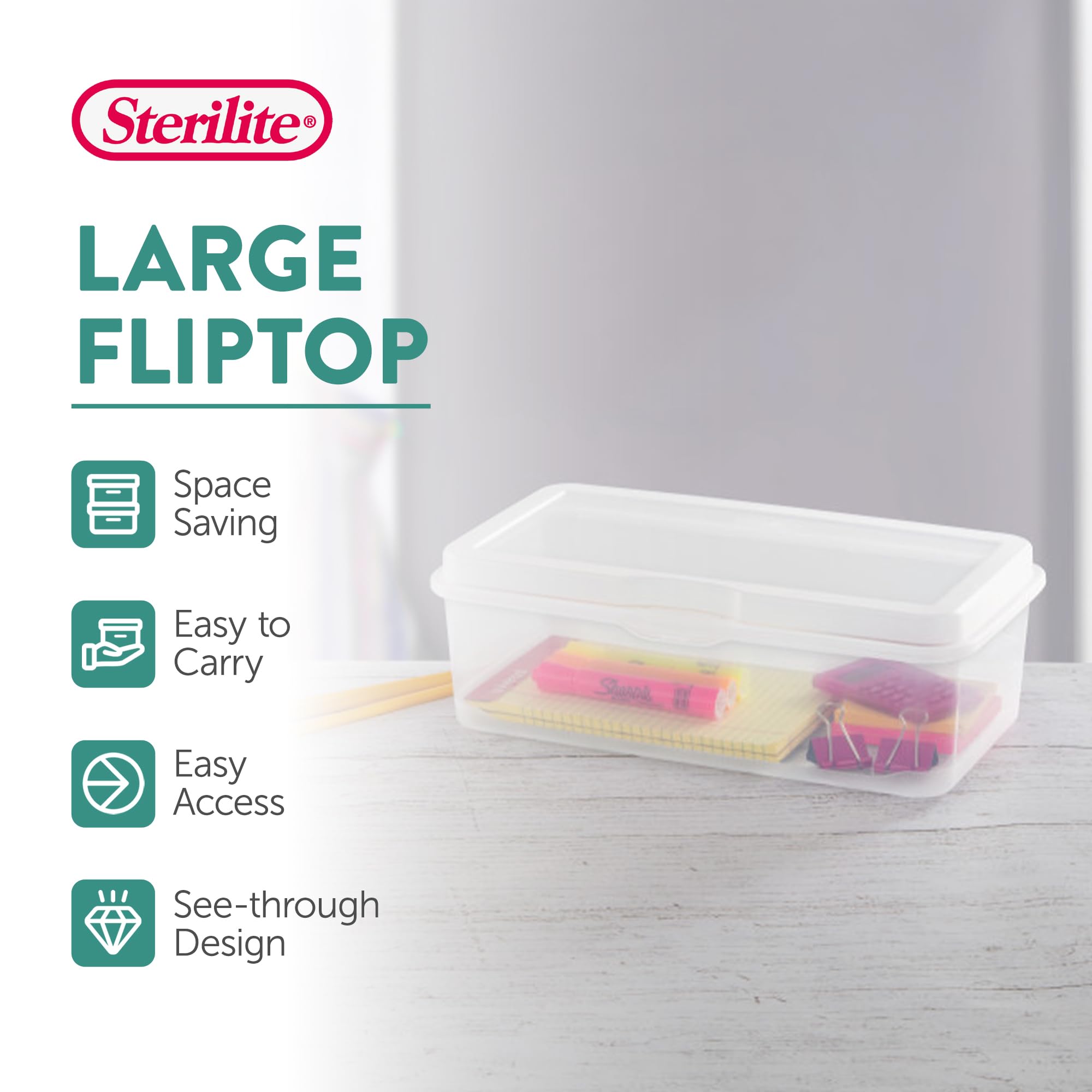 Sterilite large flip-top lid securely snaps to prevent spills and dust.