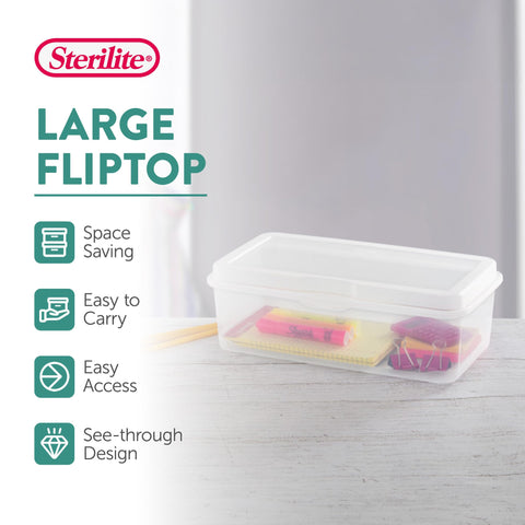 Sterilite large flip-top lid securely snaps to prevent spills and dust.