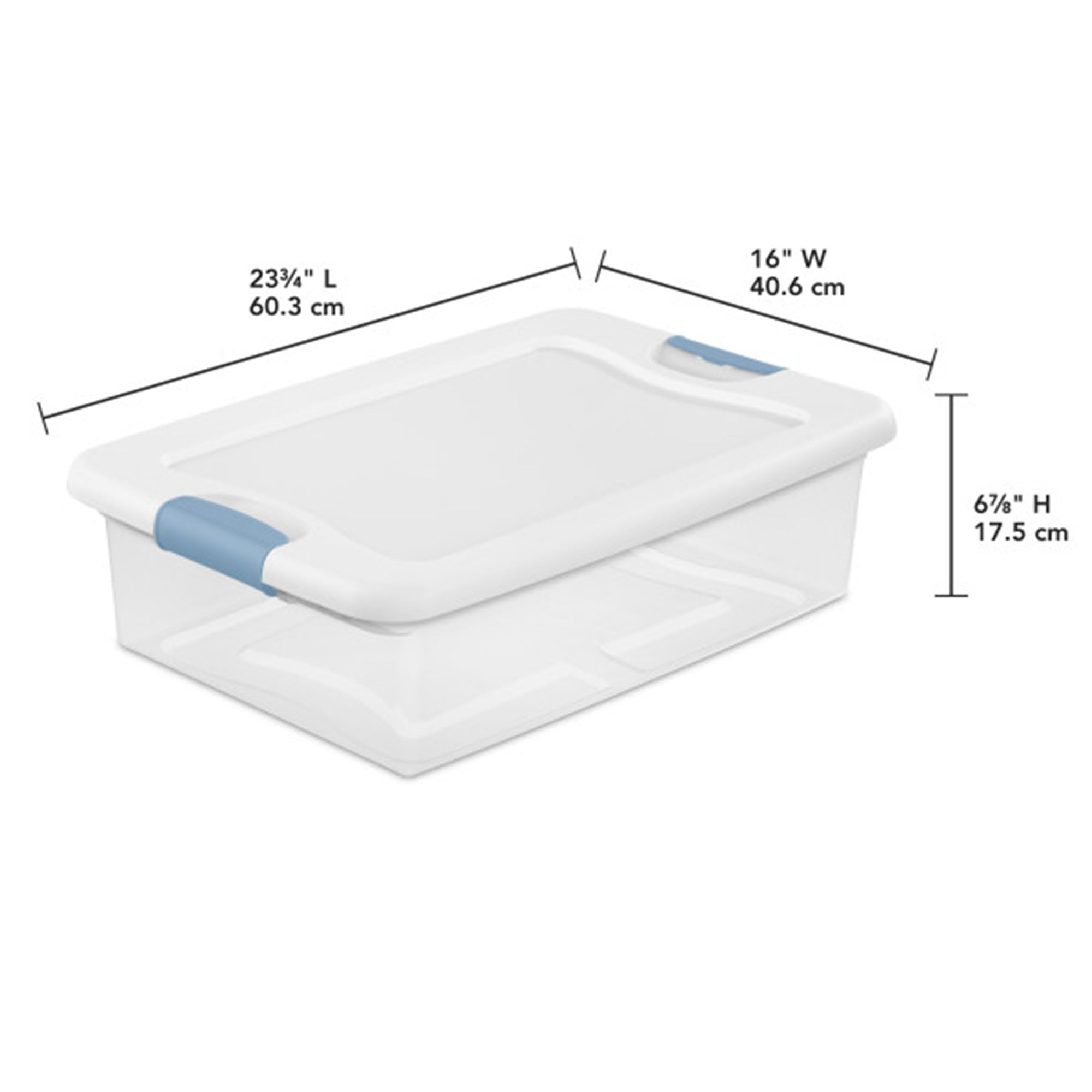 Sterilite latching box clear base enables quick content identification.
