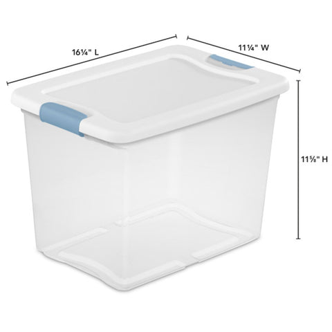 Sterilite latching box lid-hinge closeup showing secure, one-handed access.