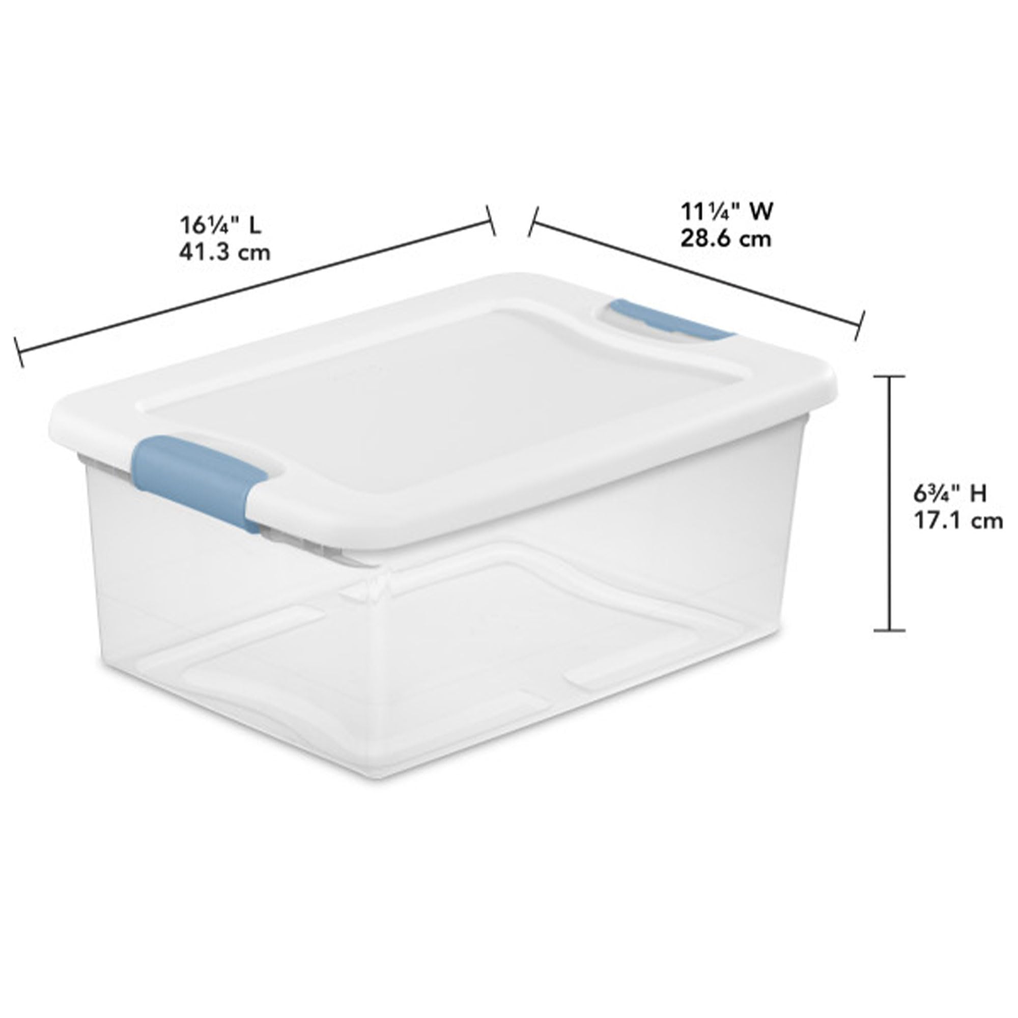 Sterilite latching box lid with secure latch for one-handed access.
