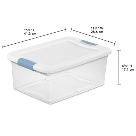 Sterilite latching box lid with secure latch for one-handed access.