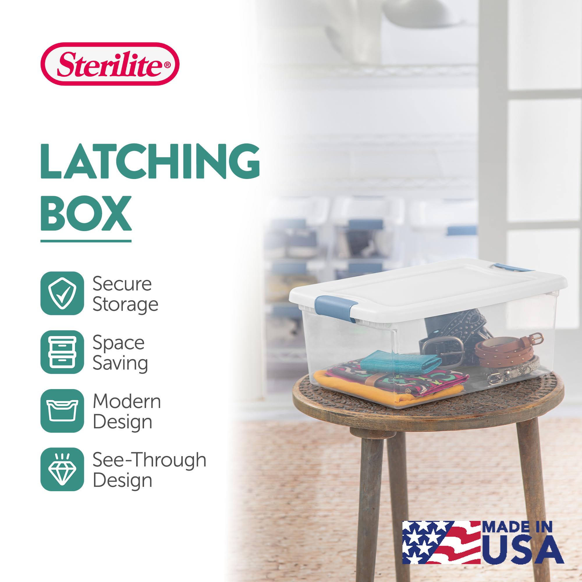 Stackable Sterilite storage box designed for closet or under-bed use.