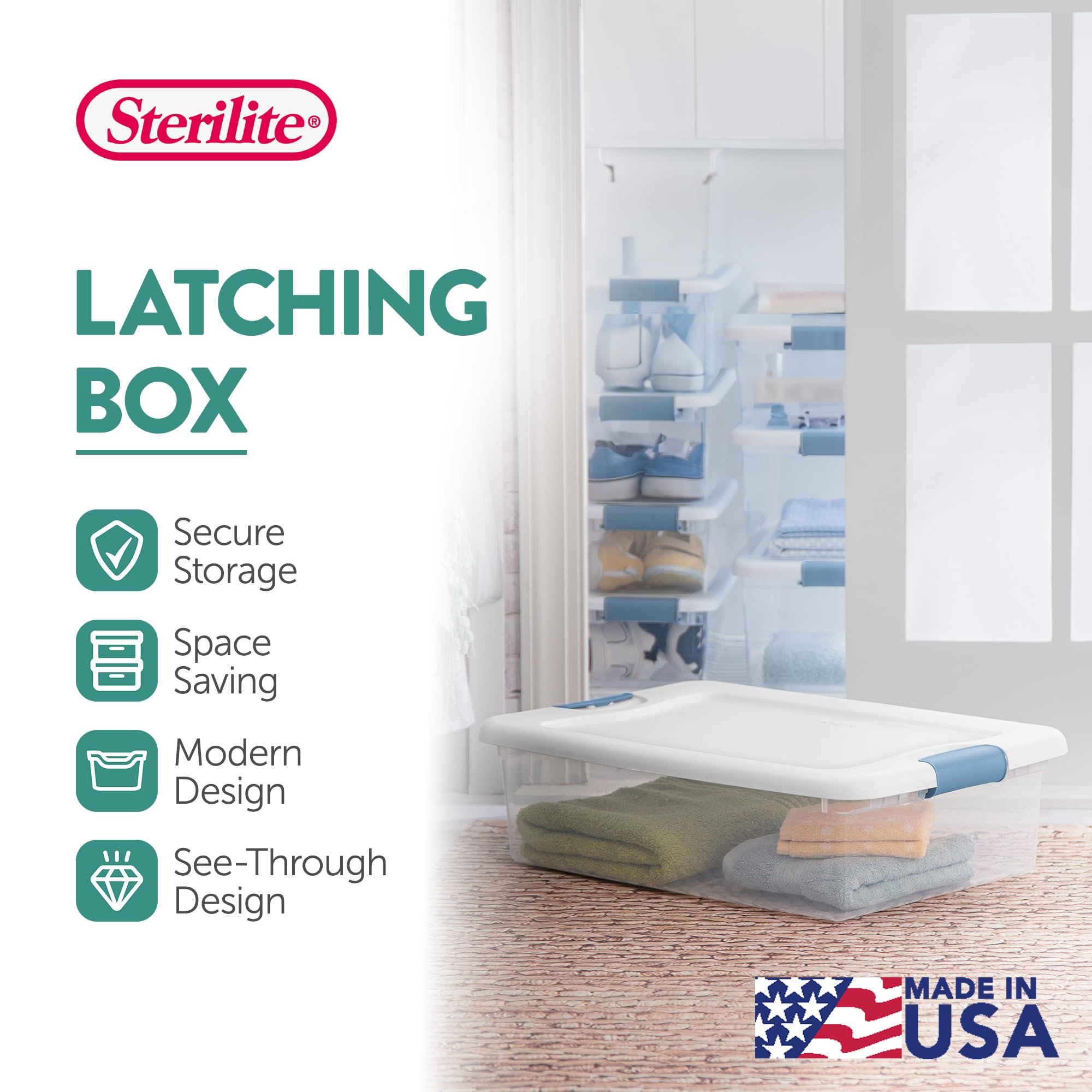 Sterilite latching box stackable design saves space.