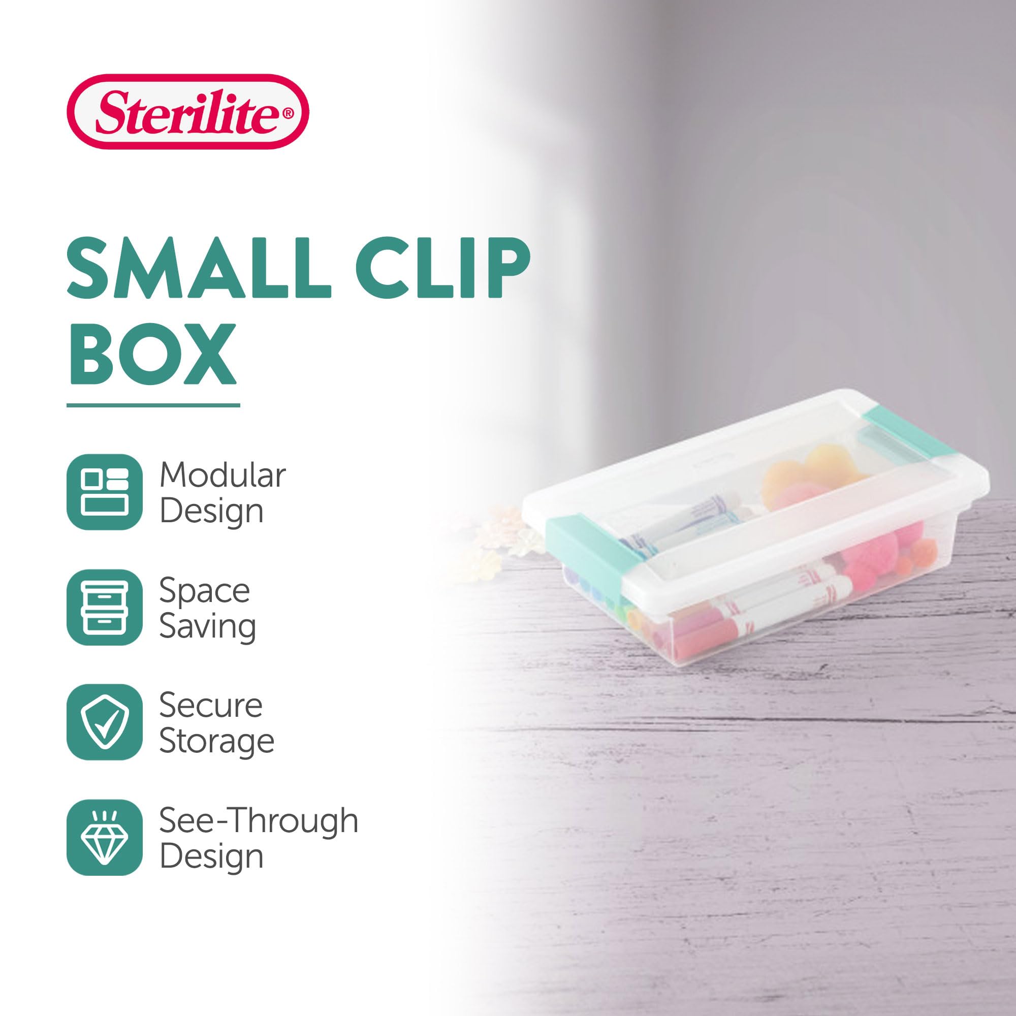 Sterilite tight-latching lid closeup shows secure containment for small items.