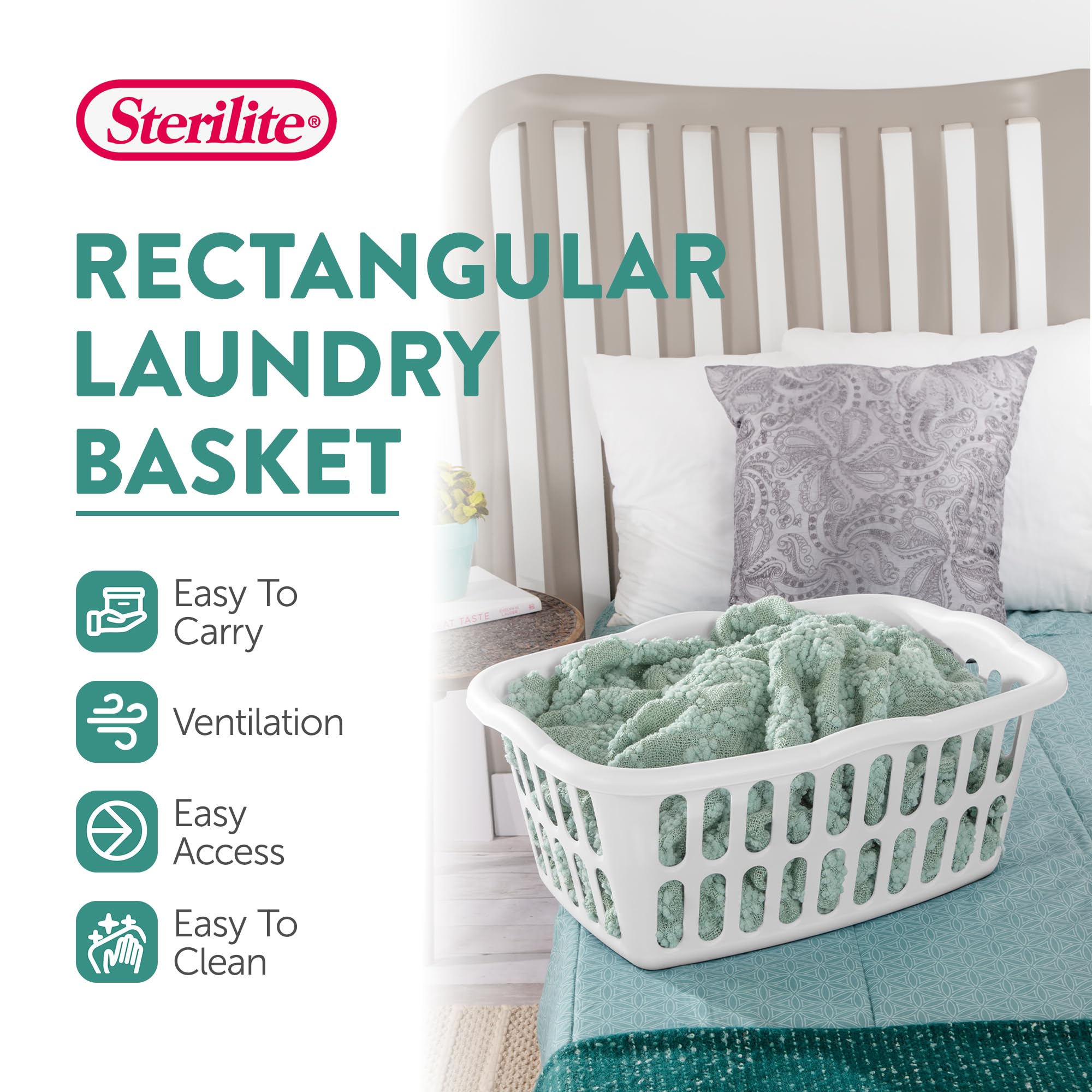 Sterilite laundry basket nested for space-saving storage in small rooms.