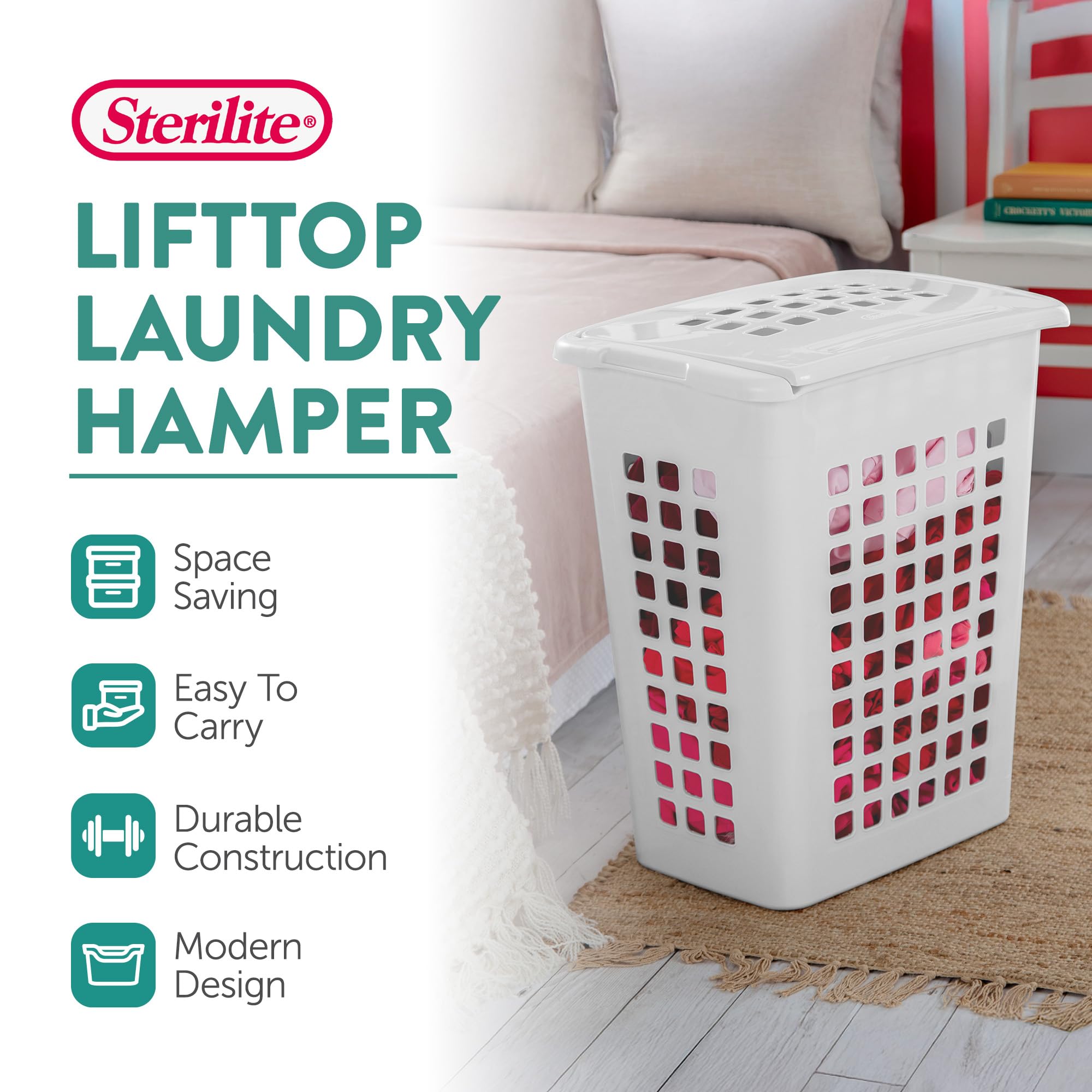 Sterilite LiftTop front view highlighting a tall, space-saving design.