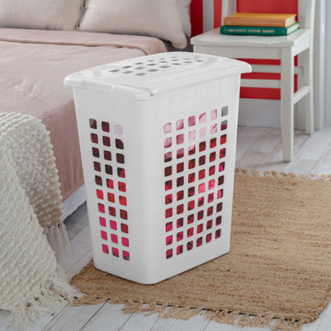 Sterilite LiftTop in bathroom setup for towels and clothing storage.