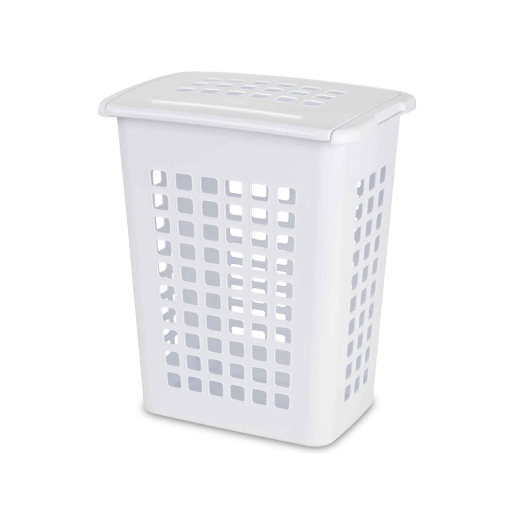 Sterilite LiftTop laundry hamper with lid on, concealing laundry for a tidy room.