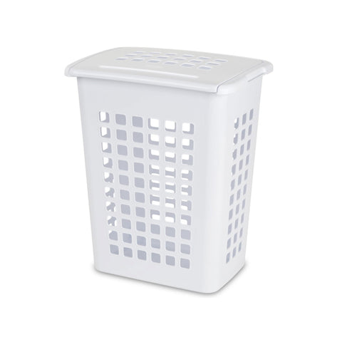 Sterilite LiftTop laundry hamper with lid on, concealing laundry for a tidy room.