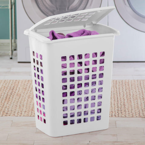Sterilite LiftTop hamper with open lid ready for loading laundry.