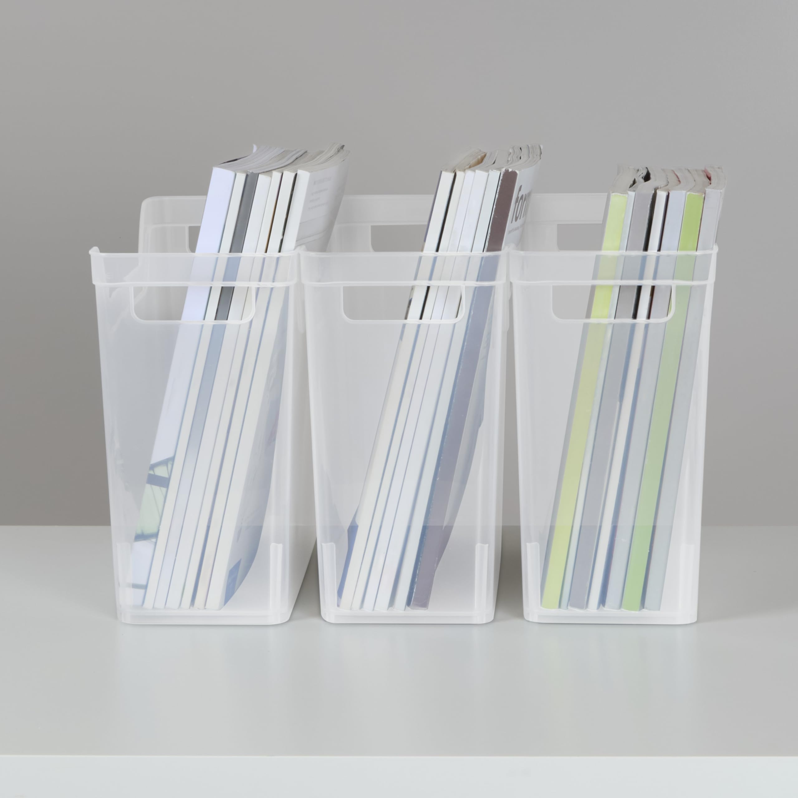 Sterilite Narrow Shelf Bin carry-through handles enable easy transport between rooms.