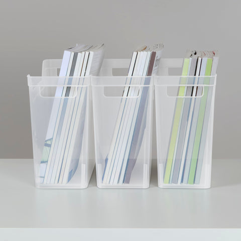 Sterilite Narrow Shelf Bin carry-through handles enable easy transport between rooms.