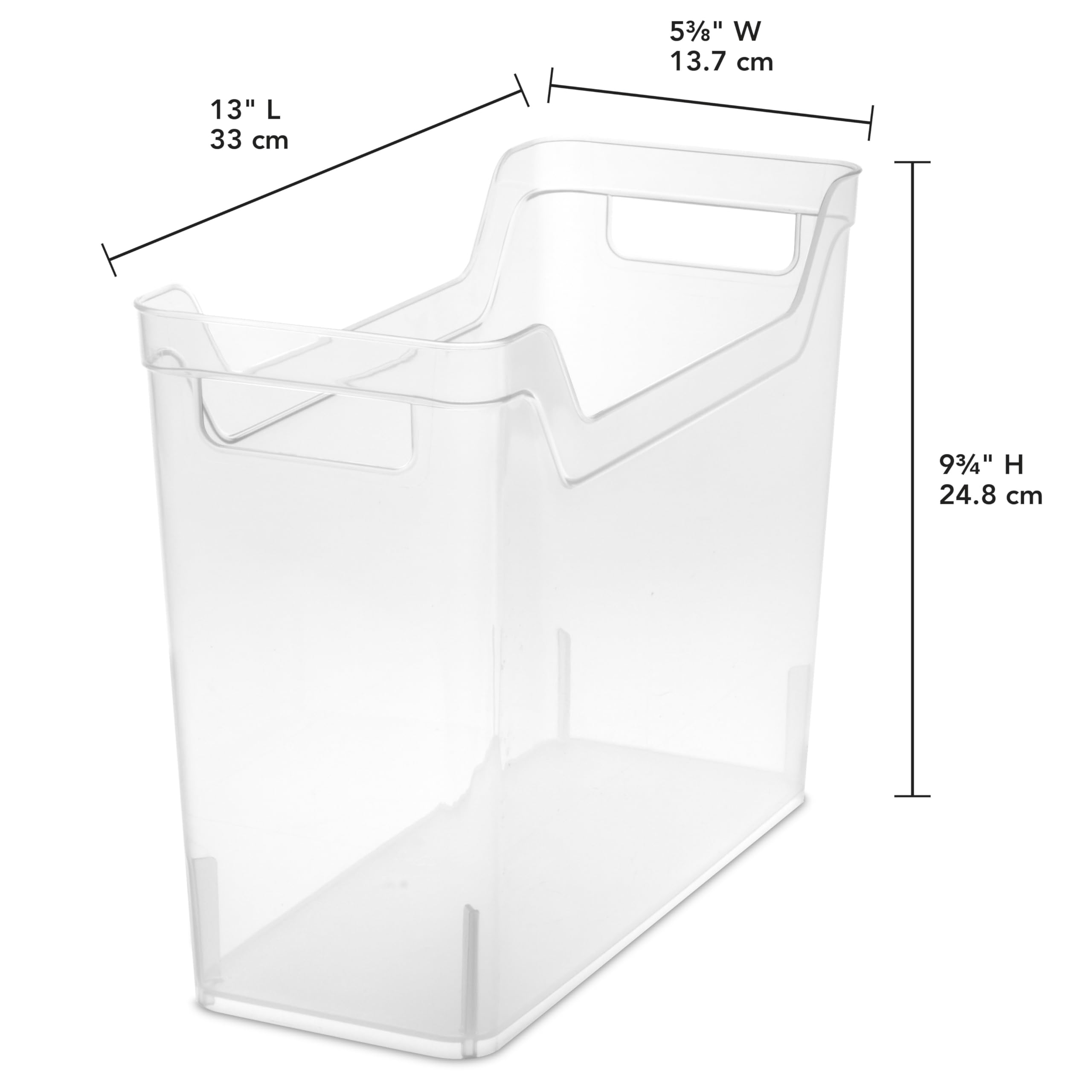 Sterilite Narrow Shelf Bin with clear design keeps contents visible for fast retrieval.
