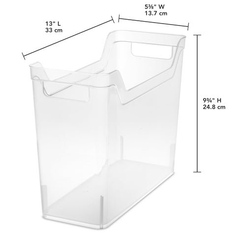 Sterilite Narrow Shelf Bin with clear design keeps contents visible for fast retrieval.