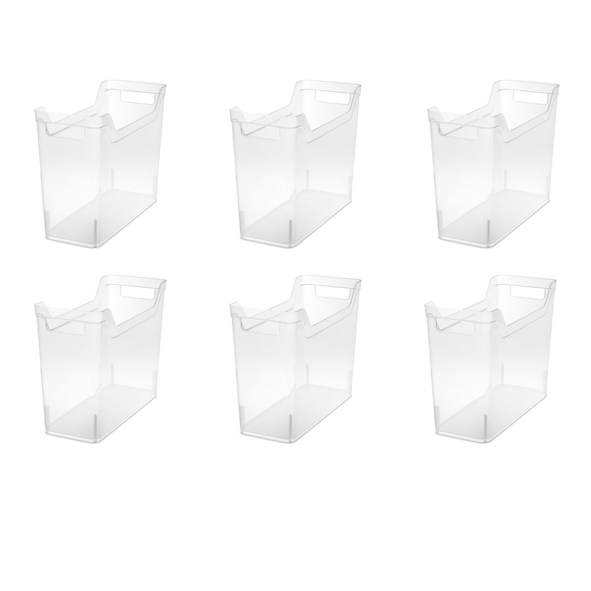 Sterilite Narrow Shelf Bin with handles demonstrates easy lifting and quick access to items.