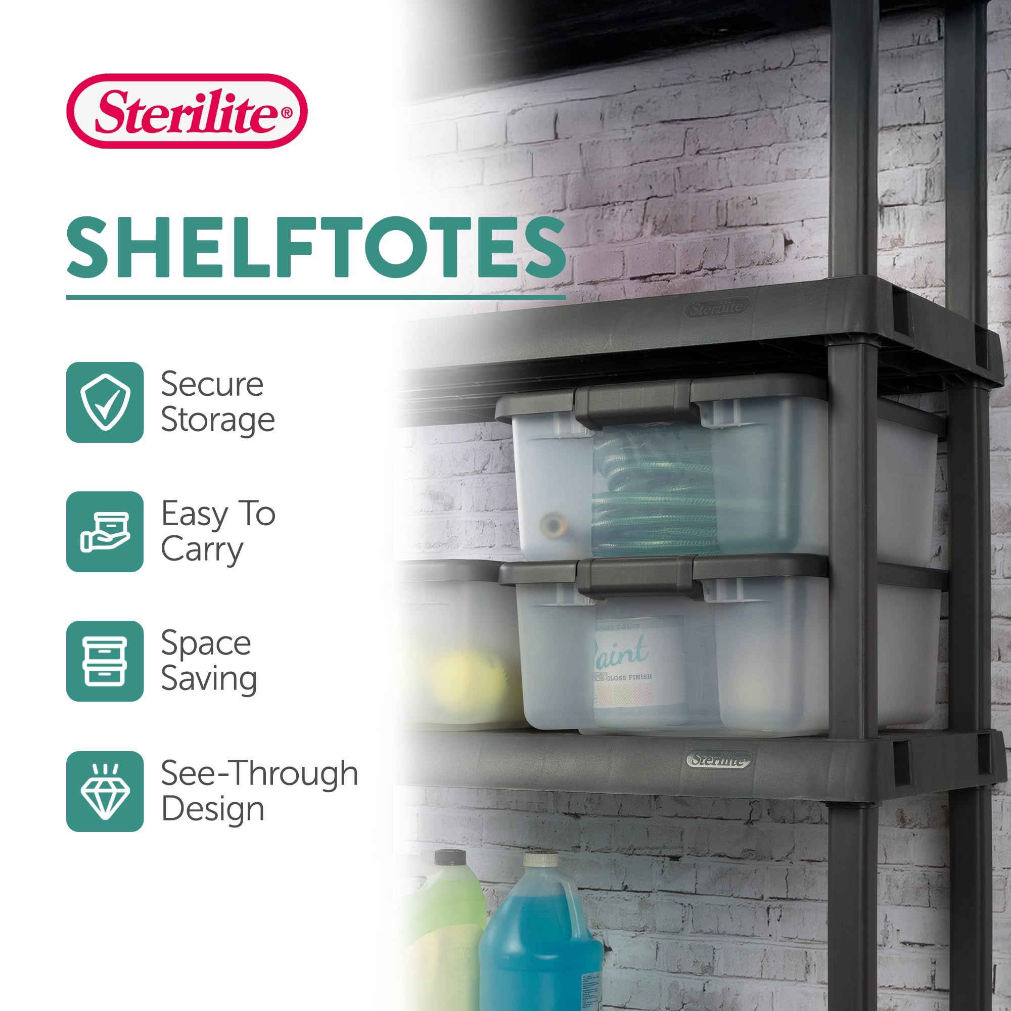 Sterilite ShelfTote 25-quart clear bin with lid to keep contents secure.