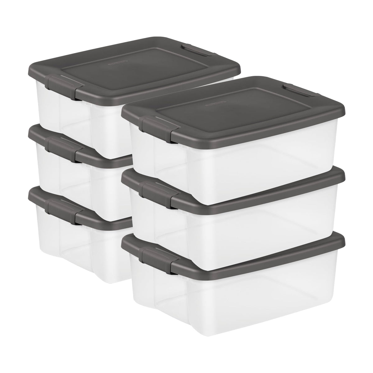 Sterilite ShelfTote six-pack bin set with clear sides for easy visibility.