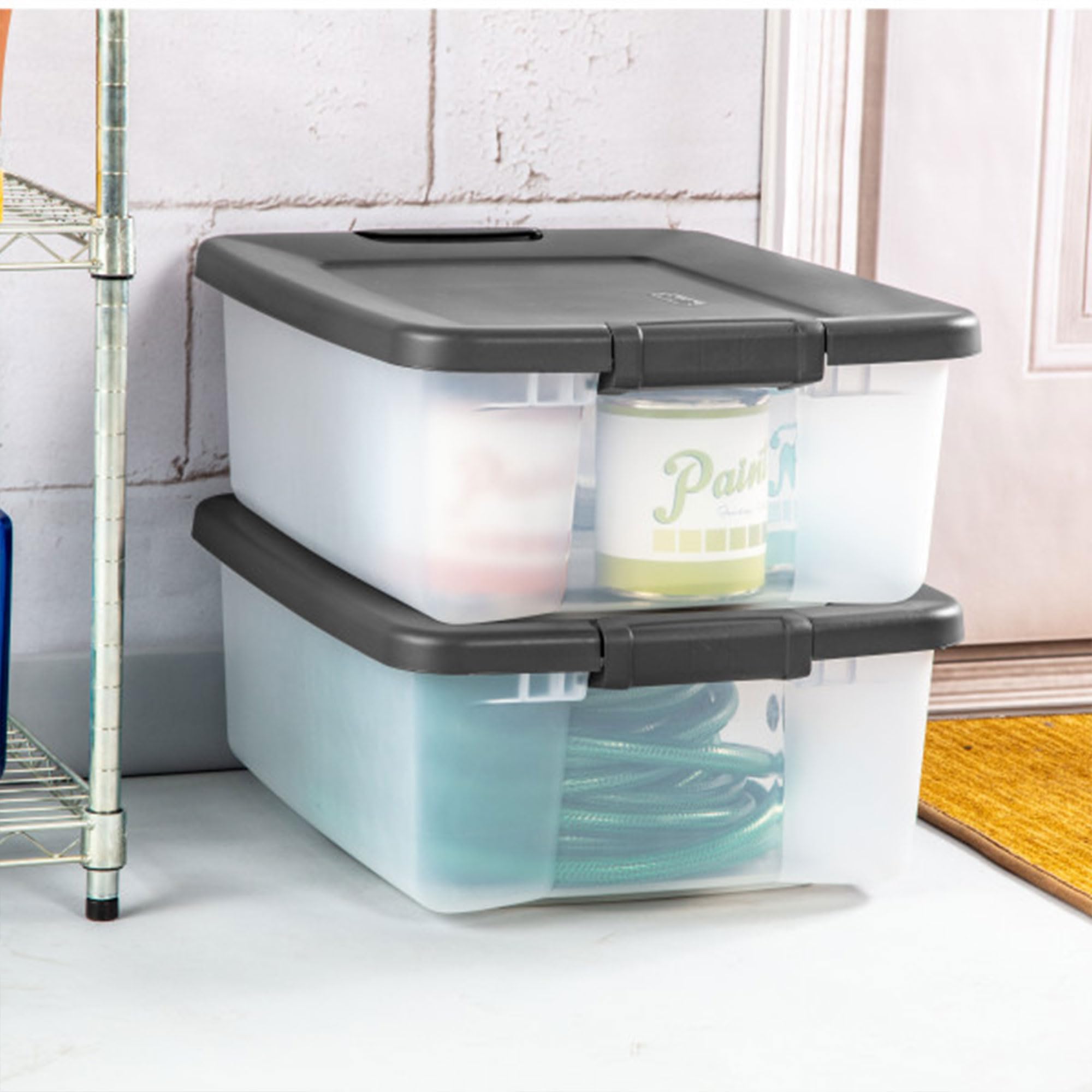 Sterilite ShelfTote bathroom storage bin used for toiletries.