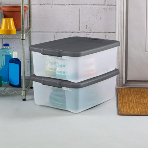 Sterilite ShelfTote gray storage bin organized on a shelf.