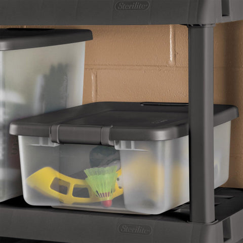 Sterilite ShelfTote stackable design shown on a tidy closet shelf.